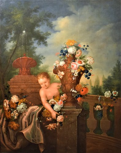 Natura Morta di fiori con Putto e Fontana